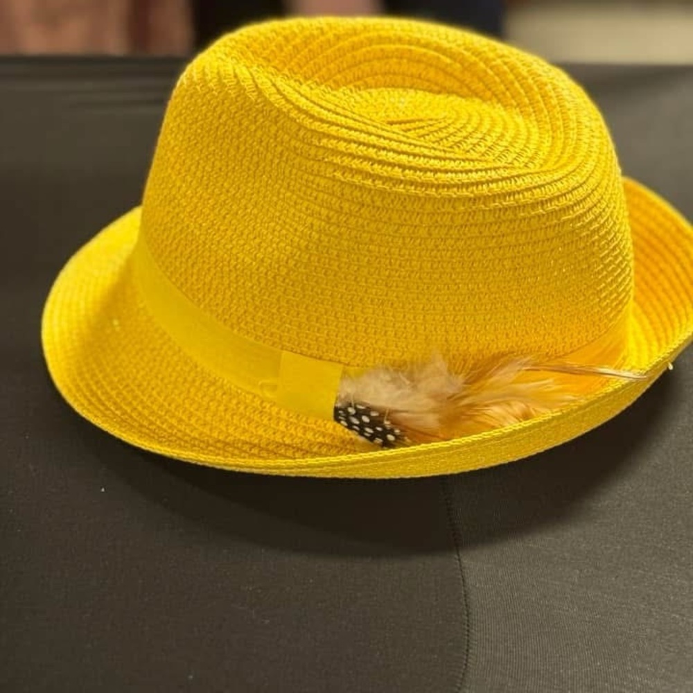 Vibrant Yellow Straw Fedora Hat with Feather Detail